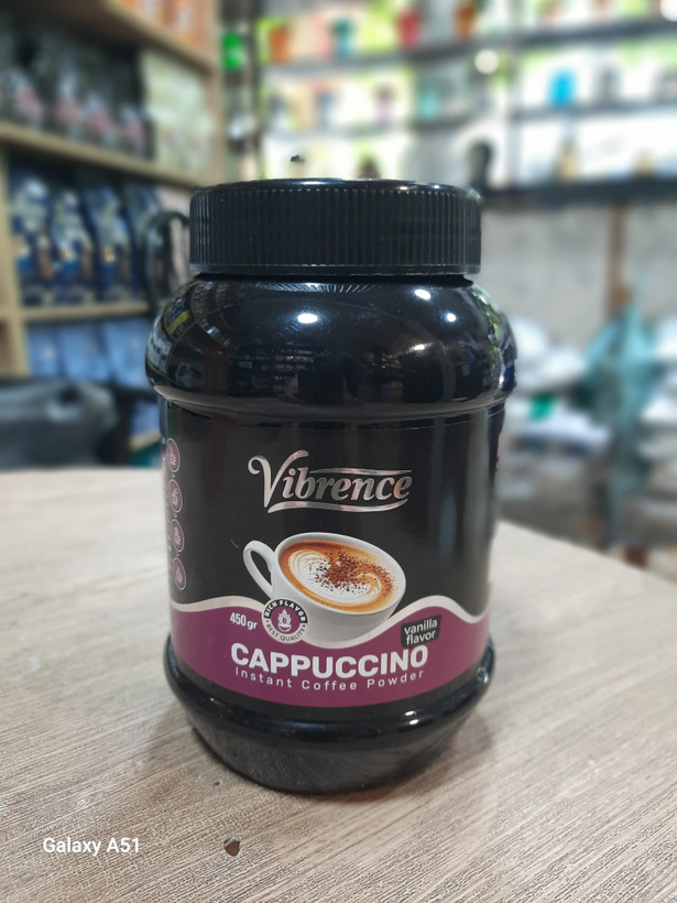 پودر کاپوچینو وانیلی 450 گرمی ویبرنس ، فوم کرمی و طعم متعادل — آماده در چند ثانیه با آب داغ یا شیر