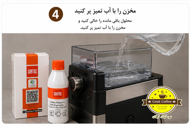 مایع شستشو و رسوب زدا دستگاه قهوه ساز خانگی دوقلو برند سانتوس