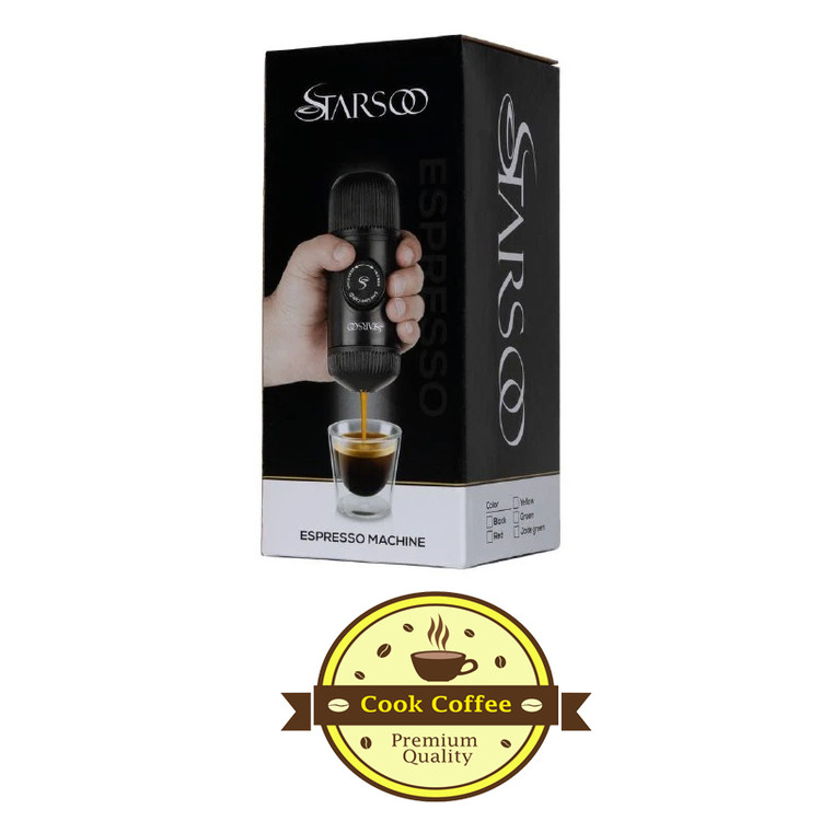 اسپرسوساز سفری استارسو مدل Mini با ابعاد 7x7x16 سانتیمتر، وزن 295 گرم، بدنه و مخزن پلاستیکی و سیستم فیلتراسیون داخلی