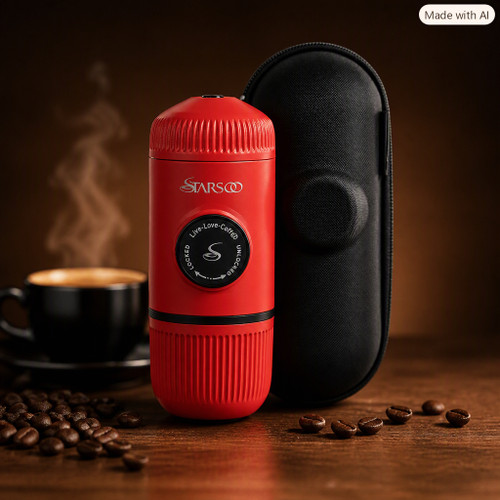 اسپرسوساز سفری استارسو مدل Mini با ابعاد 7x7x16 سانتیمتر، وزن 295 گرم، بدنه و مخزن پلاستیکی و سیستم فیلتراسیون داخلی